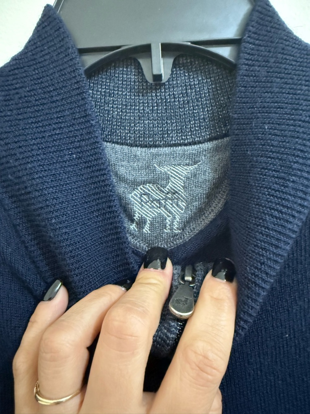 Men's Navy Shawl-Collar Zip Sweater with Subtle Embroidered Logo